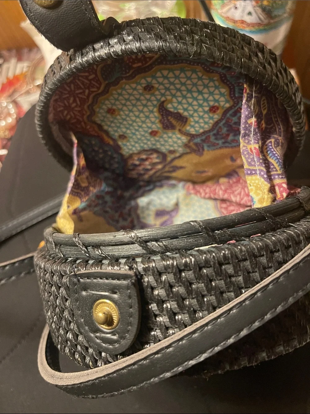 Black Round wood and hemp rope Woven Crossbody Bag - Unbranded